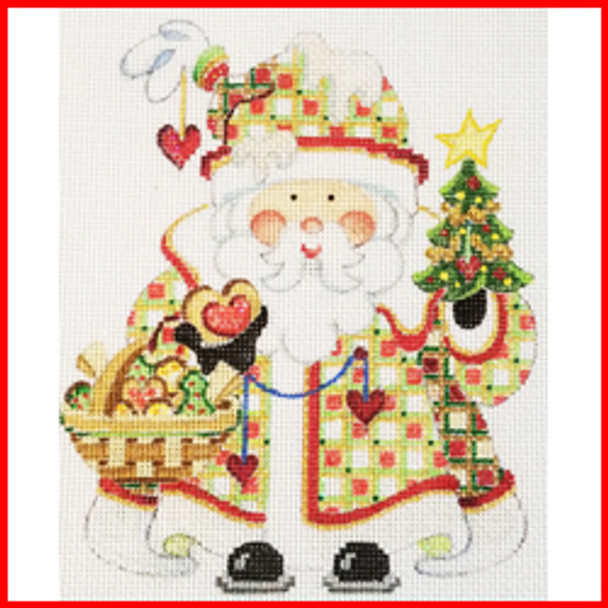 COSA-85 Tree & basket of cookies - fancy checkered coat 5 1/2" to 6" tall 18 Mesh SQUATTY SANTA Strictly Christmas