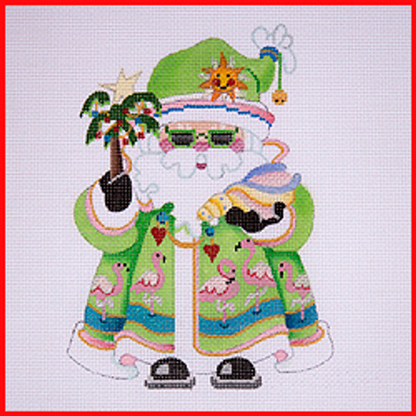 COSA-30 Palm tree & seashell - lime green coat w/flamingos 6" to 7 1/2" tall18 Mesh SQUATTY SANTA Strictly Christmas