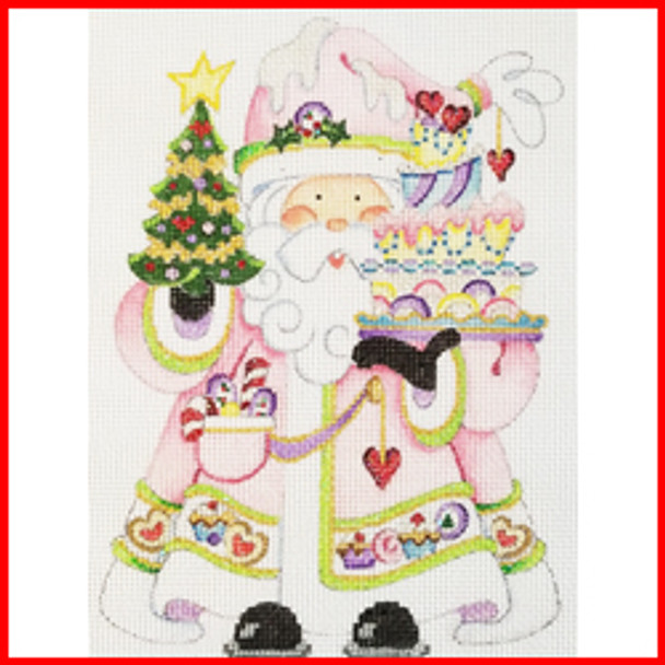 COSA-97 Tree & holding a cake - pink coat w/band of sweets 6" to 7 1/2" tall 18 Mesh SQUATTY SANTA Strictly Christmas