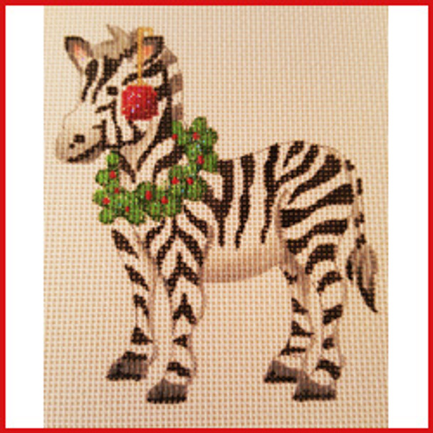 COAN-40  Zebra wearing a wreath and red ornament hanging from ear 4 1/2" x 3 3/4 18 Mesh Strictly Christmas