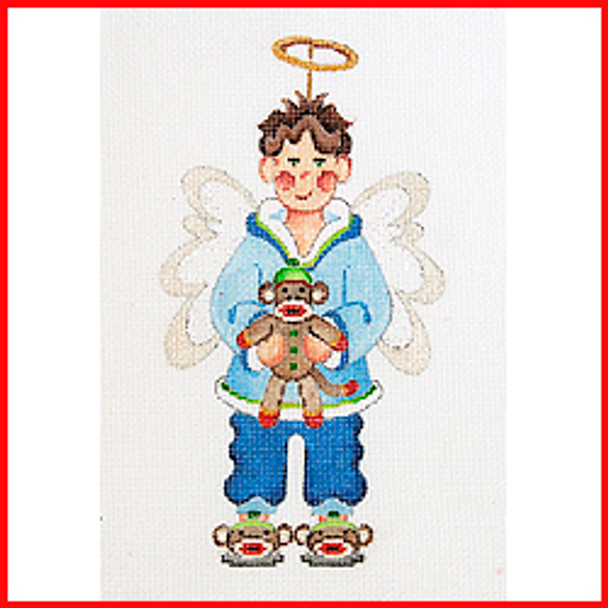 COANG-14 Boy angel holding a sock monkey 7 1/4" x 4" 18 Mesh Strictly Christmas