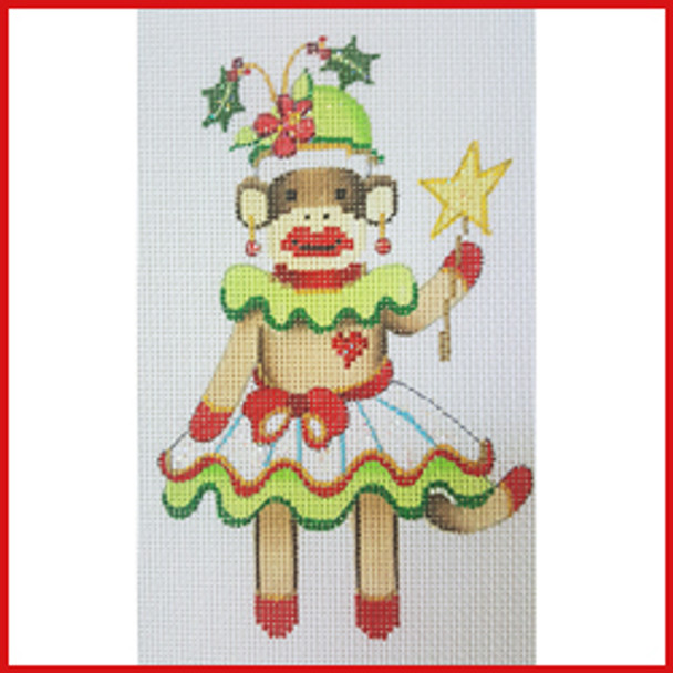 COSK-03 Girl sock monkey in Christmas dress & hat holding a star 5 1/2" x 3 1/2"18 Mesh Strictly Christmas