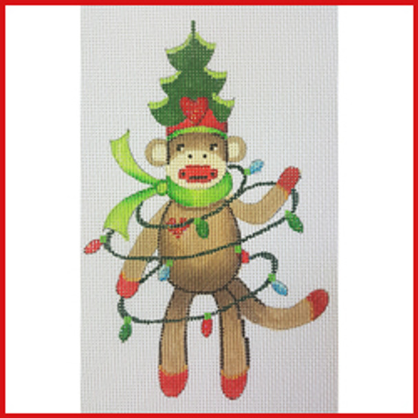 COSK-01 Sock Monkey w/tree on head & lights around him 5 1/2" x 3 1/2"  18 Mesh Strictly Christmas