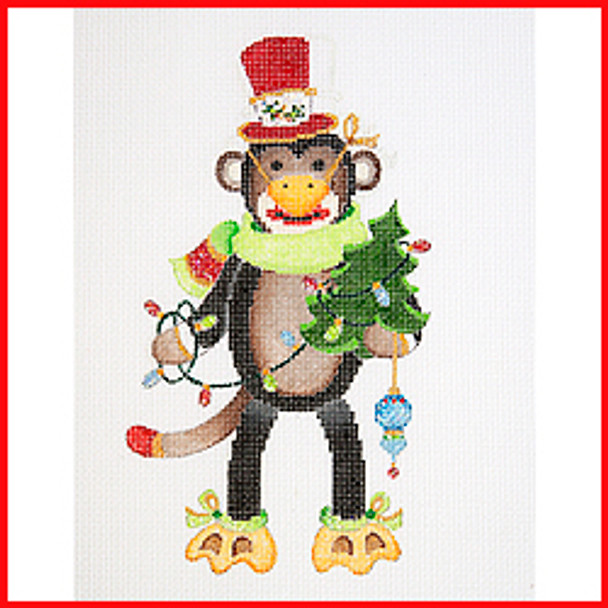 COSK-11 Sock monkey w/duck nose & feet, tree & strand of lights 7 1/2" x 4" 18 Mesh Strictly Christmas