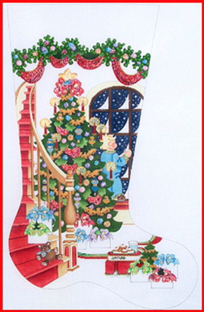 CS-389 Staircase w/decorated tree & boy at window 13 Mesh Stocking 23'Tall Strictly Christmas !