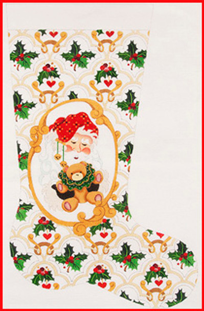 CS-325 Santa Face w/hands holding bear - cartouche fabric background 13 Mesh Stocking 23'Tall Strictly Christmas!