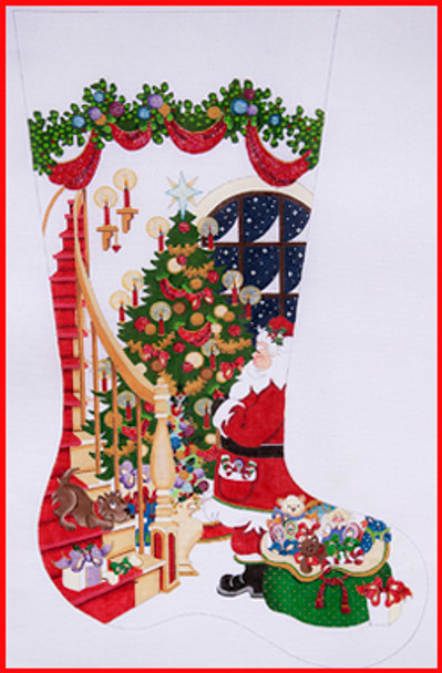CS-390 Santa bag of toys admiring tree dog heavy garland w/swags 13 Mesh Stocking  23'Tall Strictly Christmas!