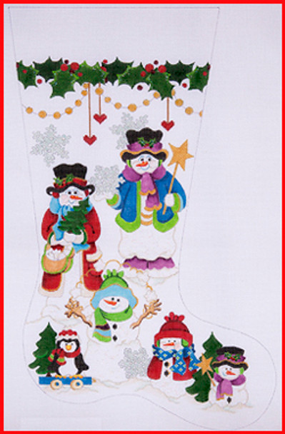 CS-521 Five snowmen w/penguins on roller 13 Mesh Stocking  23' Tall Strictly Christmas!