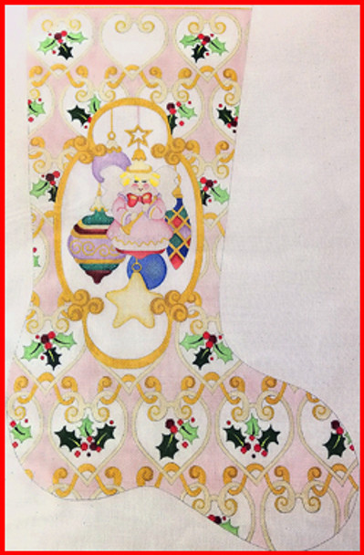 CS-309o Blown glass angel ornament in gold cartouche pink fabric 13 Mesh Large Stocking - 23'Lodng Strictly Christmas!