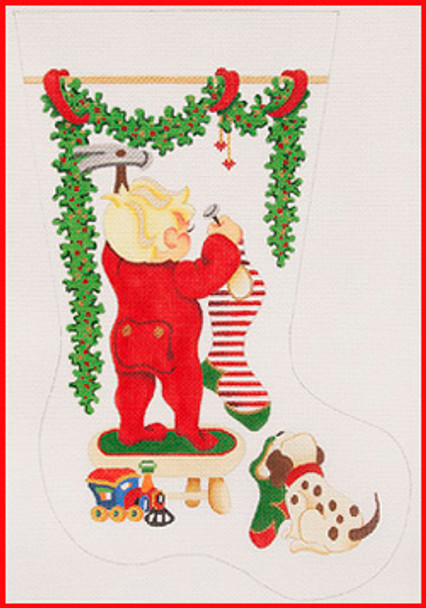 CS-1108 Boy hanging stocking w/train dog 13 Mesh Stocking MID-SIZE 18" tall Strictly Christmas!