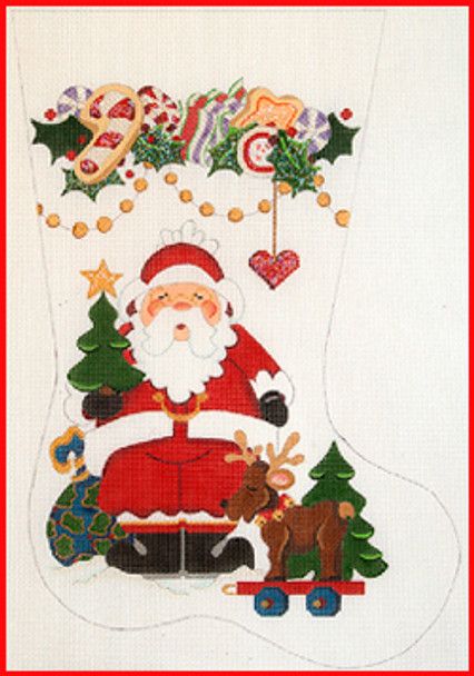 CS-1130 Santa w/bag & holding a tree w/reindeer on rollers - cookie, candy & holly garland 13 Mesh Stocking MID-SIZE 18" tall Strictly Christmas!