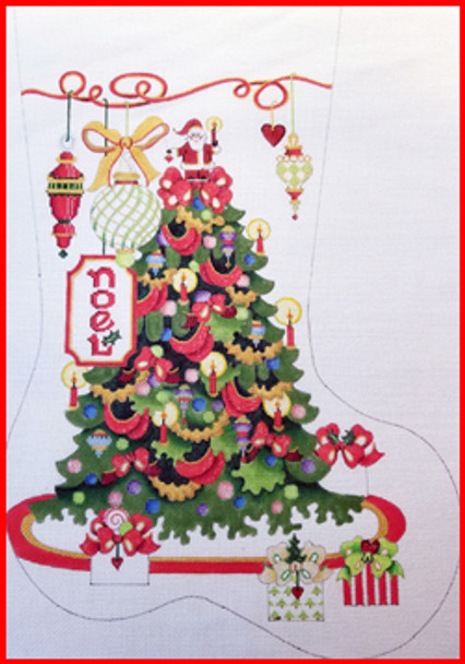 CS-1201 Tree w/large ornaments hanging from ribbon & Noel tag 13 Mesh Stocking MID-SIZE 18" tall Strictly Christmas!