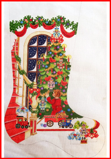 CS-1203 Staircase & tree & boy w/wagon 13 Mesh Stocking MID-SIZE 18" tall Strictly Christmas!