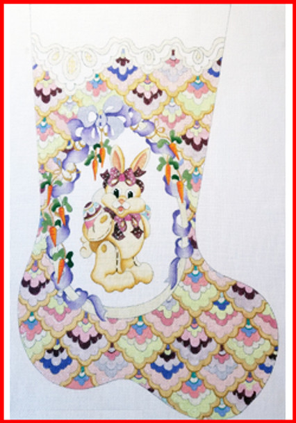 ES-334 Fabric background  & bunny eggs 13 Mesh EASTER STOCKING MID-SIZE 18" tall Strictly Christmas!
