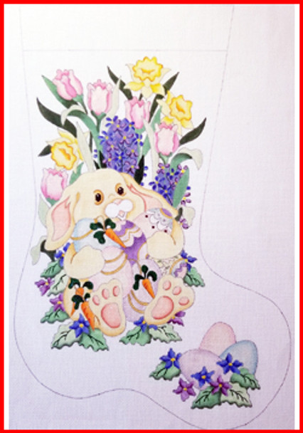 ES-372 Bunny holding eggs & carrots Flowers w/eggs on the toe 13 Mesh EASTER STOCKING MID-SIZE 18" tall Strictly Christmas!