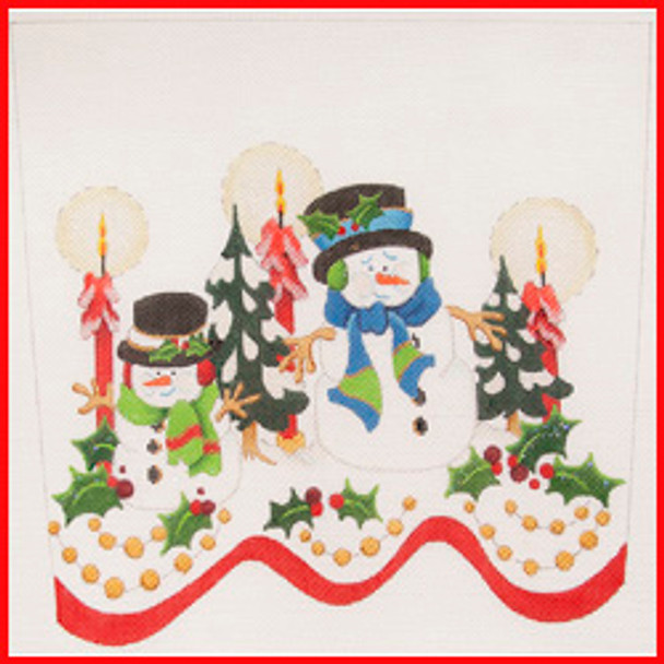 CSC-22 Two snowmen w/trees and candles 9" x 11" 18 Mesh STOCKING CUFF Strictly Christmas!