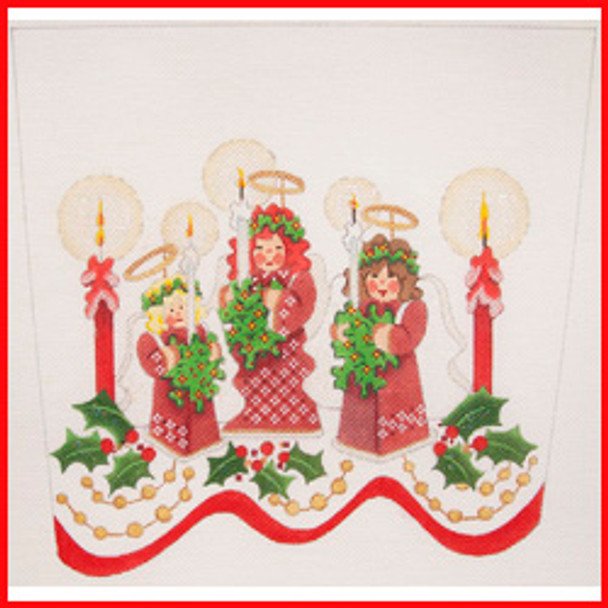 CSC-24 Three standing red wooden angels w/candles 9 1/2" x 10 1/2 18 Mesh STOCKING CUFF Strictly Christmas!