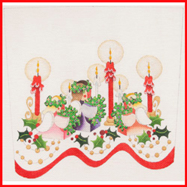 CSC-25 Two pink and one purple kneeling wooden angels w/candles 9 1/2" x 10 1/2" 18 Mesh STOCKING CUFF Strictly Christmas!