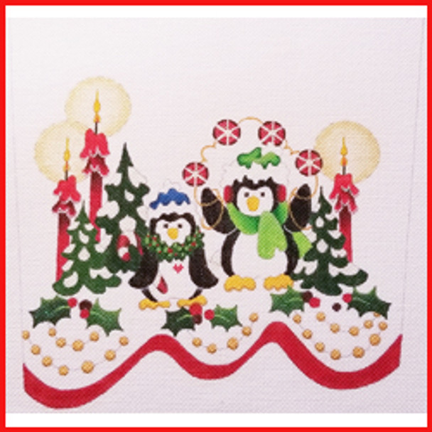 CSC-35 Two penguins w/candy over their heads & candles 9 1/2" x 10 1/2" 18 Mesh STOCKING CUFF Strictly Christmas!