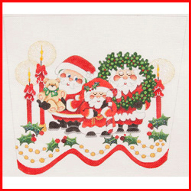 CSC-36 Three Santas w/wreath, peppermint, teddy bear & candles 9 1/2" x 10 1/2" 13 Mesh STOCKING CUFF Strictly Christmas!