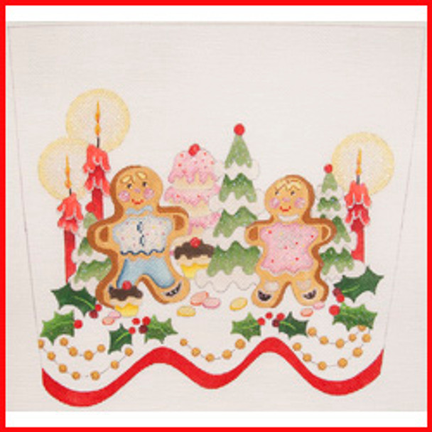 CSC-37 Gingerbread children, trees & candles 9 1/2" x 10 1/2" 13 Mesh STOCKING CUFF Strictly Christmas!