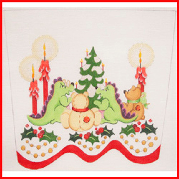 CSC-50 Two dinosaurs & two teddy bears w/candles and a tree 9 1/2" x 10 1/2" 18 Mesh STOCKING CUFF Strictly Christmas!