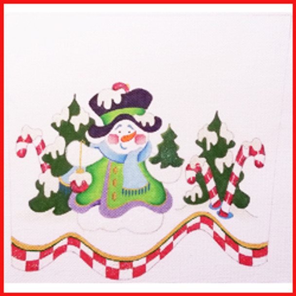 CSC-55 Snowman in snow w/peppermints and trees 9 1/2" x 10 1/2" 13 Mesh STOCKING CUFF Strictly Christmas!