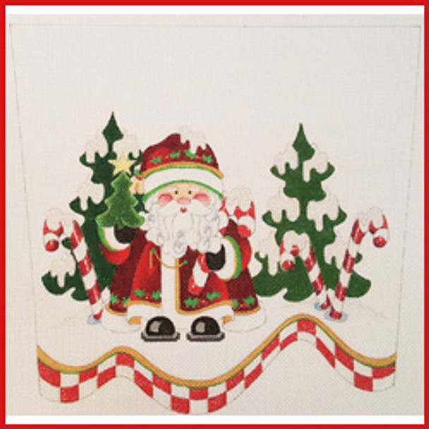 CSC-56 Santa in snow w/peppermints and trees 9 1/2" x 10 1/2" 13 Mesh STOCKING CUFF Strictly Christmas!
