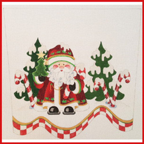 CSC-56 Santa in snow w/peppermints and trees 9 1/2" x 10 1/2" 18 Mesh STOCKING CUFF Strictly Christmas!