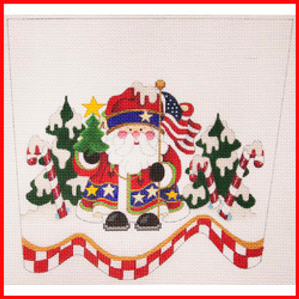 CSC-58 Patriotic Santa in snow w/peppermints & trees 9 1/2" x 10 1/2" 18 Mesh STOCKING CUFF Strictly Christmas!