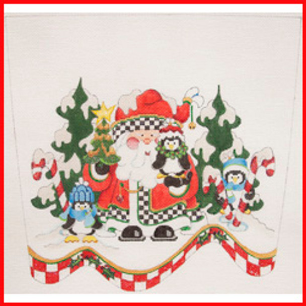CSC-77 Santa w/black & white check on coat & hat w/3 baby penguins 9 1/2" x 10 1/2" 18 Mesh STOCKING CUFF Strictly Christmas!