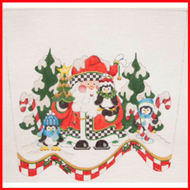 CSC-77 Santa w/black & white check on coat & hat w/3 baby penguins 9 1/2" x 10 1/2"  13  Mesh STOCKING CUFF Strictly Christmas!