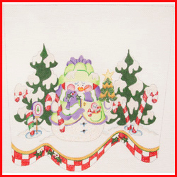 CSC-78 Snowman in snow w/soft green coat & hat w/peppermints & trees 9 1/2" x 10 1/2" 13 Mesh STOCKING CUFF Strictly Christmas!