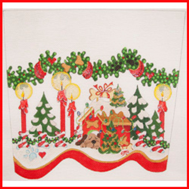CSC-81 Dog in Christmas-decorated doghouse w/trees & candles 9 1/2" x 10 1/2" 18 Mesh STOCKING CUFF Strictly Christmas!