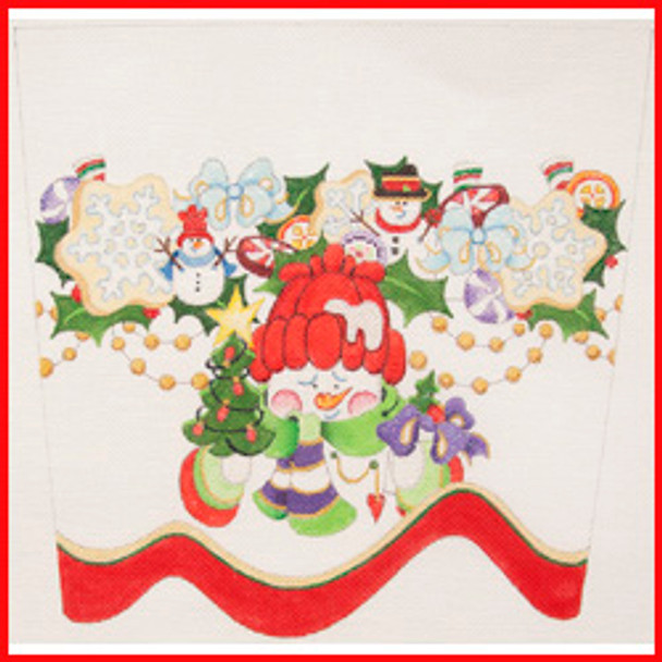 CSC-88 Snowman in red knit cap w/tree & package w/garland of Christmas cookies (snowflakes), packages & snowmen 9 1/2" x 10 1/2" 13 Mesh STOCKING CUFF Strictly Christmas!