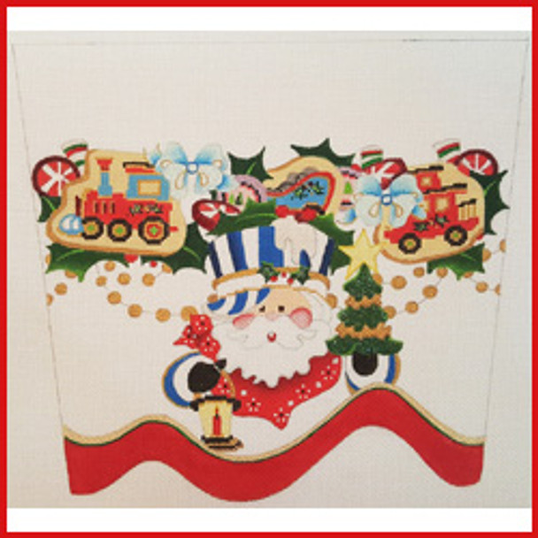 CSC-85 Train conductor Santa w/garland of Christmas cookies (train), packages & holly 9 1/2" x 10 1/2" 13 Mesh STOCKING CUFF Strictly Christmas!