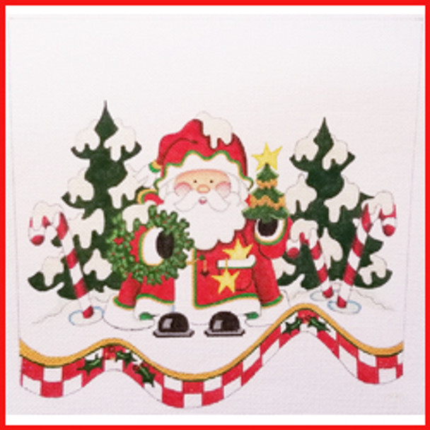 CSC-93 Santa in snow holding wreath & tree w/peppermints & trees 9 1/2" x 10 1/2" 18 Mesh STOCKING CUFF Strictly Christmas!