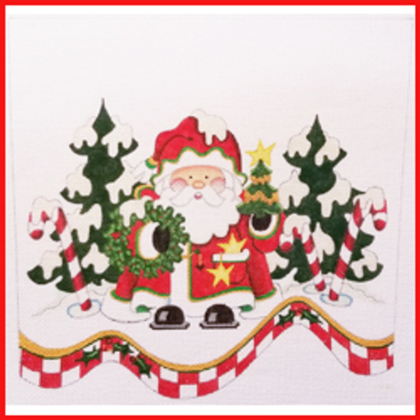 CSC-93 Santa in snow holding wreath & tree w/peppermints & trees 9 1/2" x 10 1/2" 13 Mesh STOCKING CUFF Strictly Christmas!