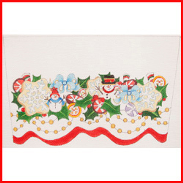 CSC-94  Garland w/Christmas cookies (snowflakes), packages & snowmen 6 1/2" x 10 1/2 18 Mesh STOCKING CUFF Strictly Christmas!