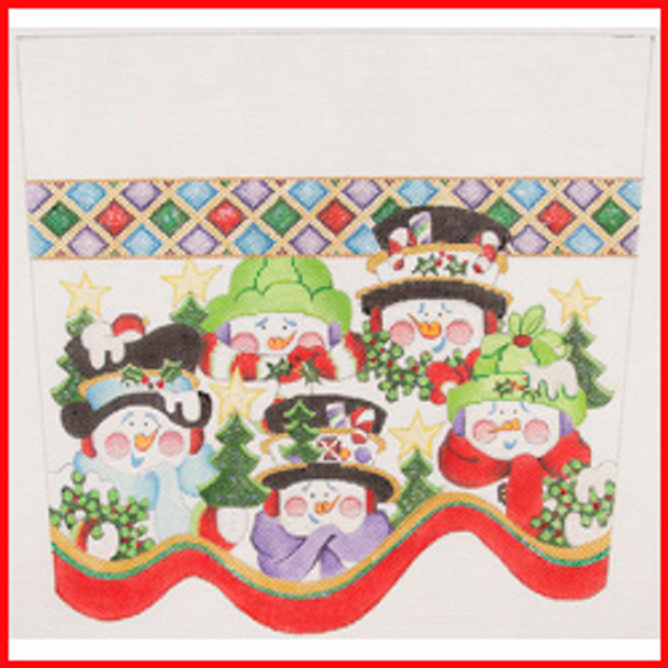 CSC-97 Five snowman heads w/diamond border 10" x 10 1/2" 18 Mesh STOCKING CUFF Strictly Christmas!