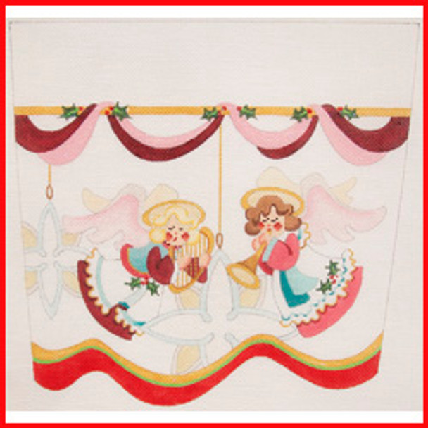 CSC-102 Two flying angels w/musical instruments 10" x 10 1/2" 18 Mesh STOCKING CUFF Strictly Christmas!