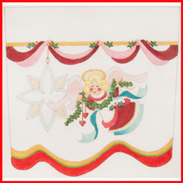 CSC-103  One flying angel w/garland & hearts 10" x 10 1/2" 18 Mesh STOCKING CUFF Strictly Christmas!