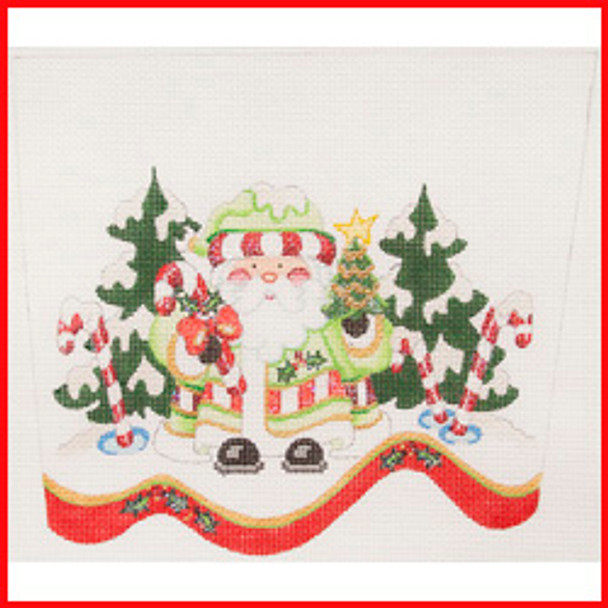 CSC-104 Santa in snow w/pale green coat & hat w/red & white stripes w/candy canes & trees 10" x 10 1/2" 18 Mesh STOCKING CUFF Strictly Christmas!