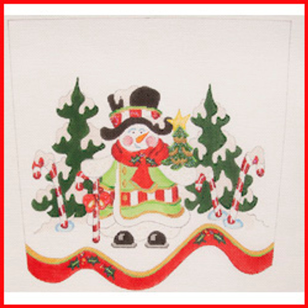 CSC-105 Snowman in snow w/pale green coat & hat w/red & white stripes w/candy canes & trees 9 1/2" x 10 1/2" 18 Mesh STOCKING CUFF Strictly Christmas!