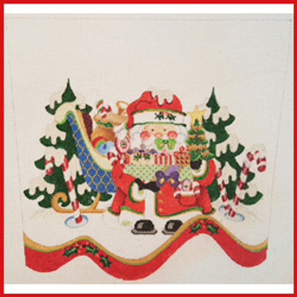 CSC-107 Santa in front of beautiful sleigh full of packages 9 1/2" x 10 1/2" 18 Mesh STOCKING CUFF Strictly Christmas!