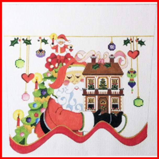 CSC-111 Santa holding dollhouse 10" x 10 1/2" 18 Mesh STOCKING CUFF Strictly Christmas!