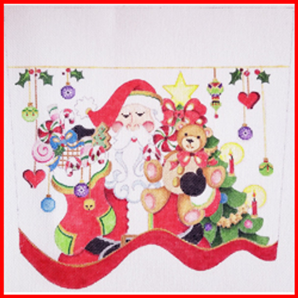 CSC-113 Santa w/stocking w/candy & stuffed bear 10" x 10 1/2" 18 Mesh STOCKING CUFF Strictly Christmas!