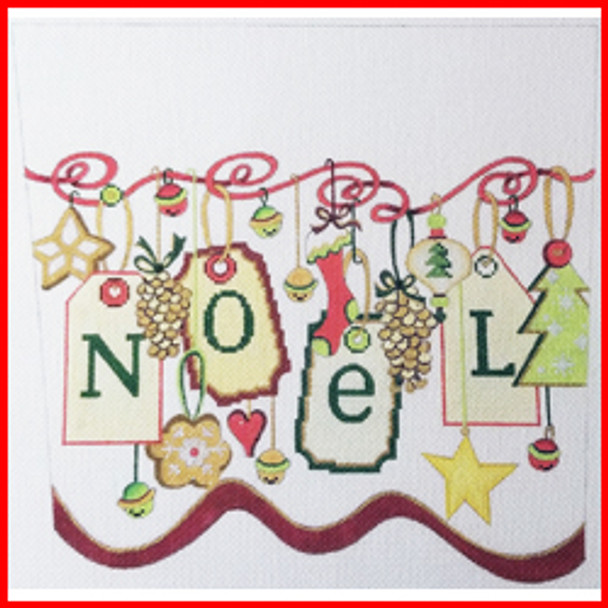 CSC-117 Tags spelling NOEL w/stocking, pinecones, etc. - Shawn Jenkins 9" x 10" 18 Mesh STOCKING CUFF Strictly Christmas!