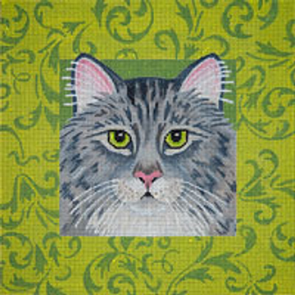 Animal A025 Tabby Cat & Green Damask 10 x 10 13 Mesh JP Needlepoint