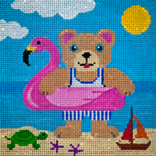 Animal A364 Teddy Beach Bear & Flamingo  4.5 x 4.5 18 Mesh JP Needlepoint (2021)